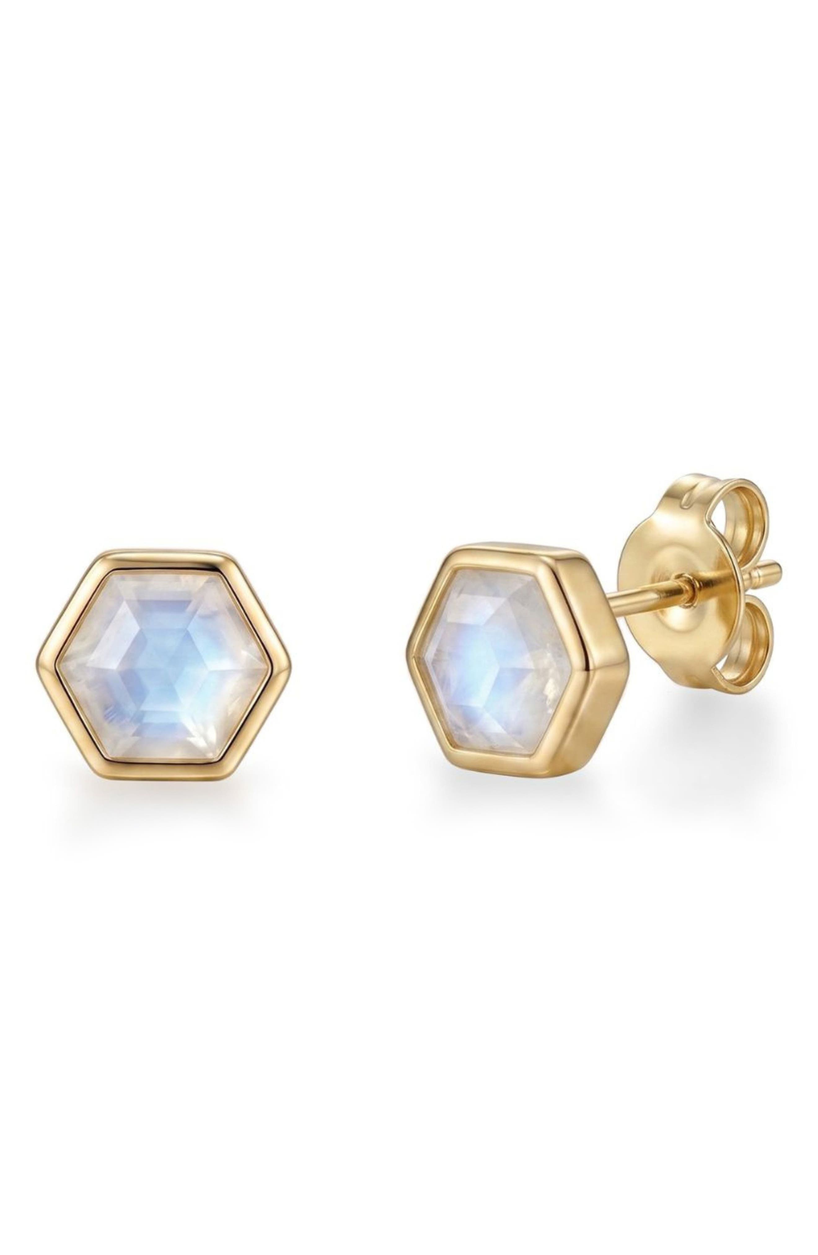 Hexagon Moonstone Stud Earrings