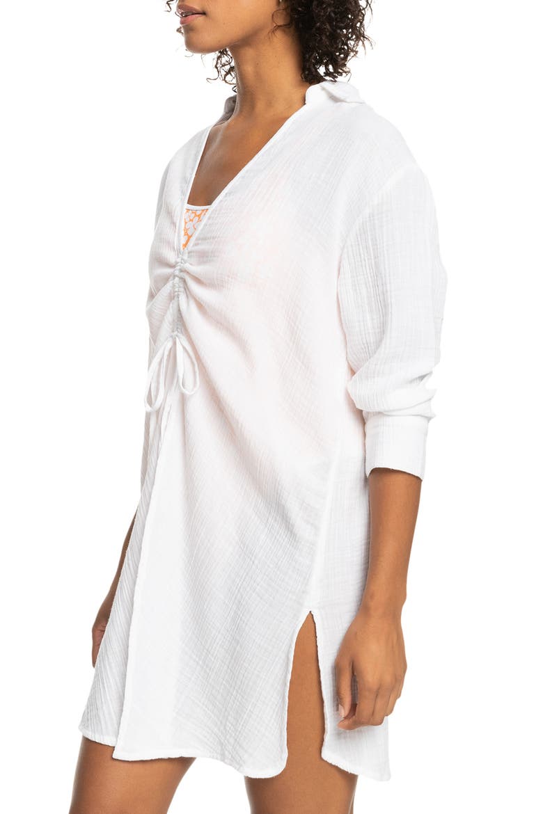 Sun & Limonade Ruched Long Sleeve Cotton Cover-Up Tunic, Alternate, color, BRIGHT WHITE