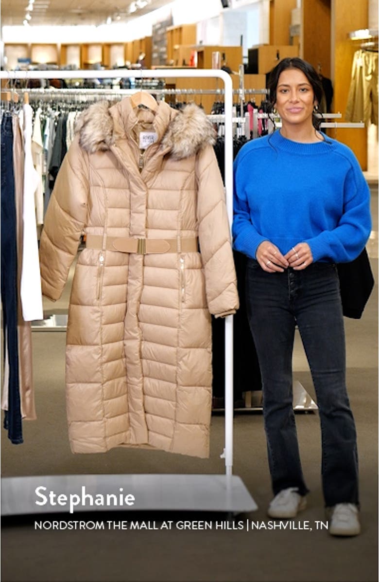 Belted Longline Hooded Puffer Jacket with Removable Faux Fur Trim, sales video thumbnail