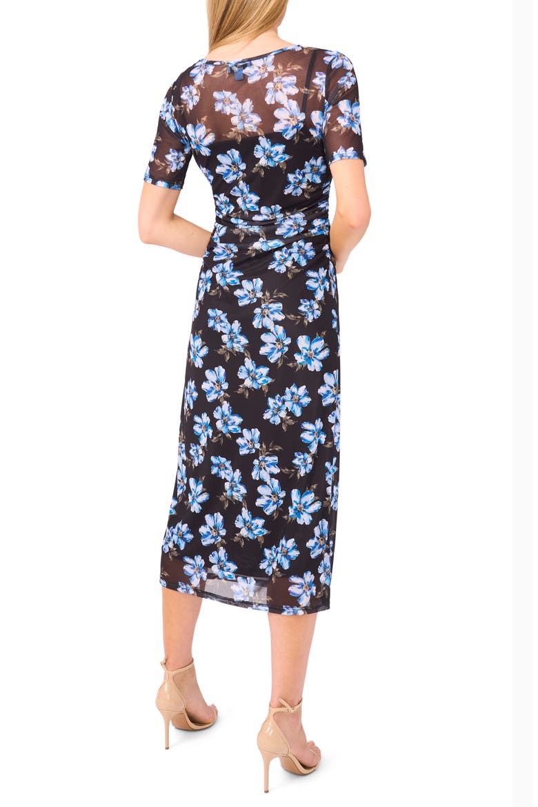 Ruched Floral Midi Dress, Alternate, color, RICH BLACK