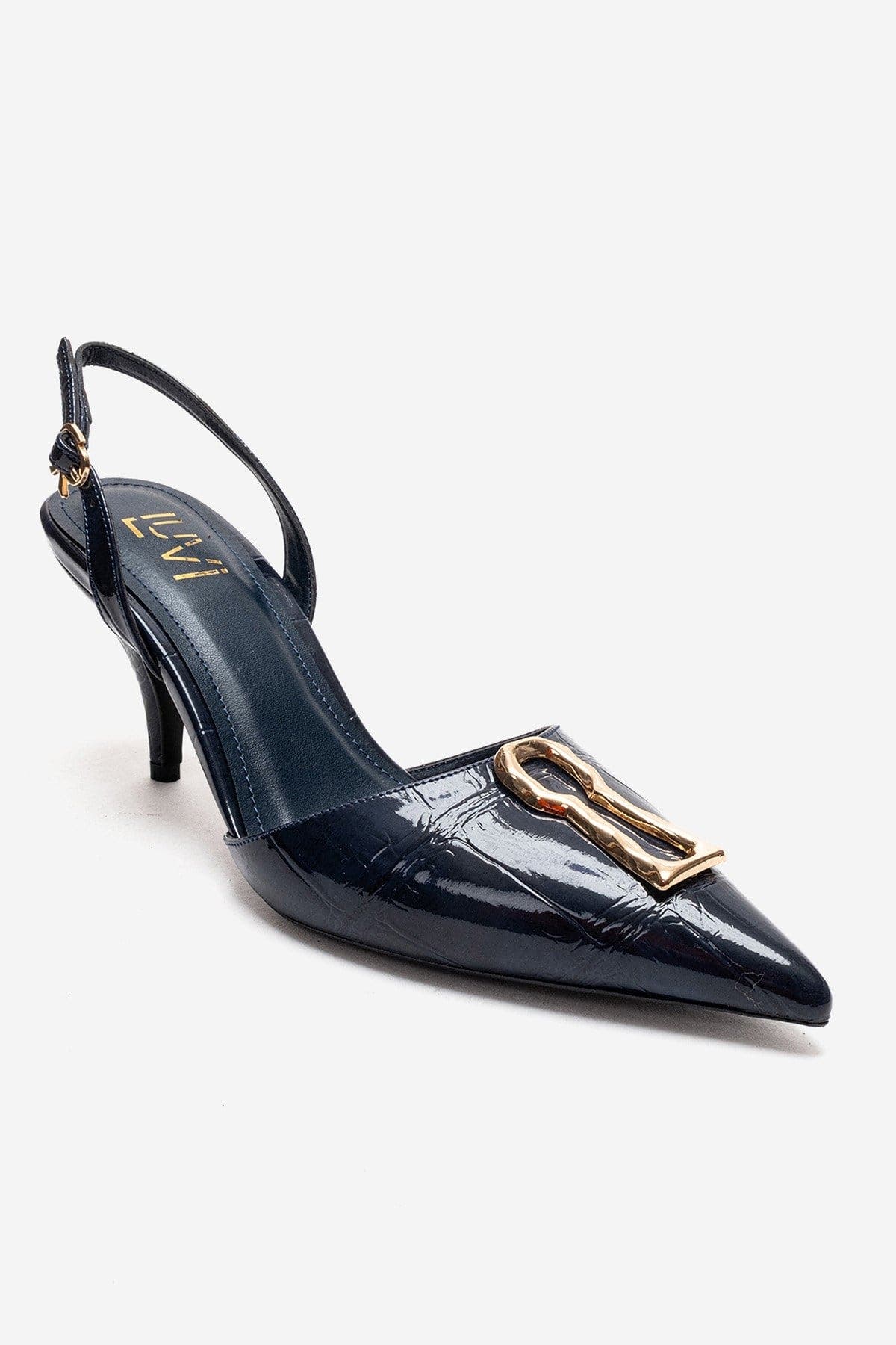 Yvella Buckle Pointed Toe Stiletto Pump, Alternate, color, Navy Print