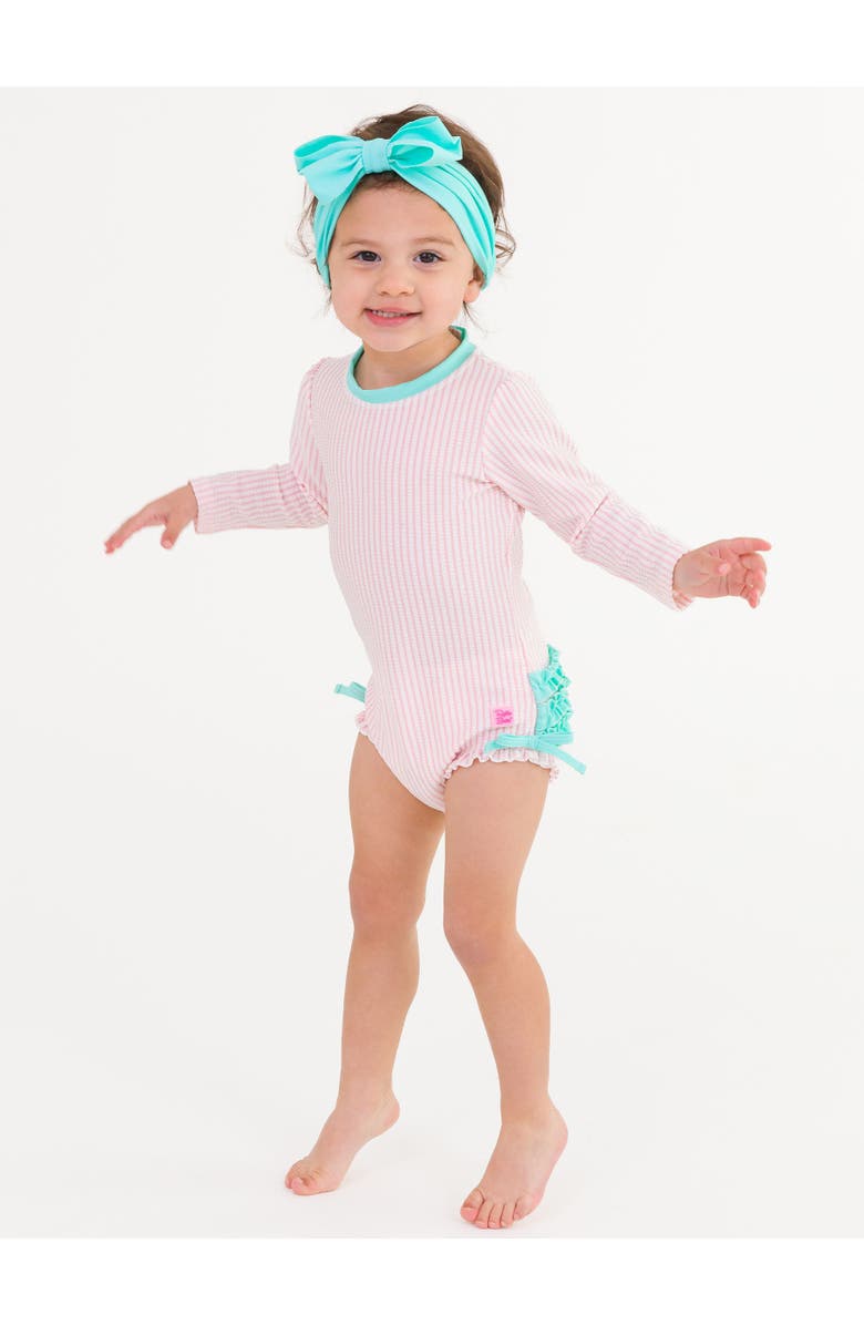 RuffleButts Girls Seersucker Long Sleeve UPF50+ One Piece Rash Guard, Alternate, color, Pink Seersucker