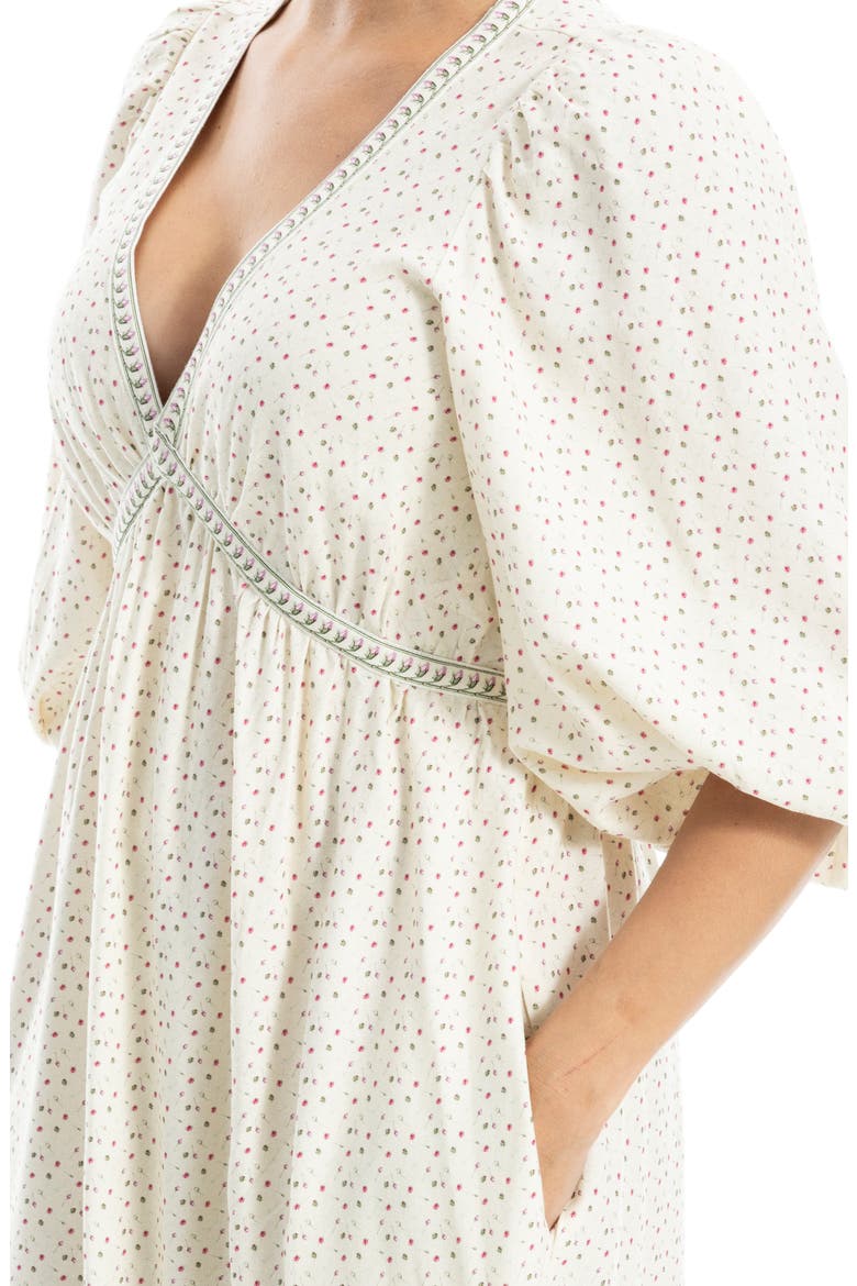 Puff Sleeve Plunge Neck Midi Dress, Alternate, color, CREAM/ PINK WILD MEADOWS