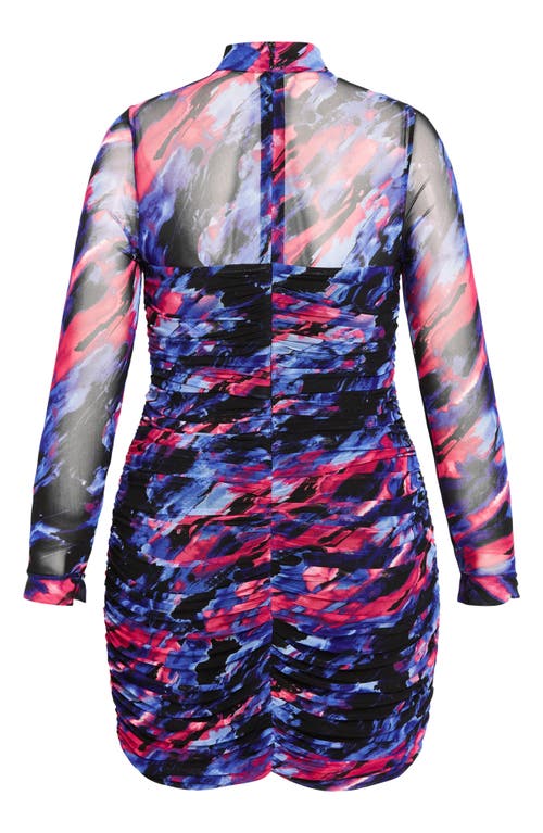 City Chic Robin Print Ruched Long Sleeve Body-con Dress In Blue