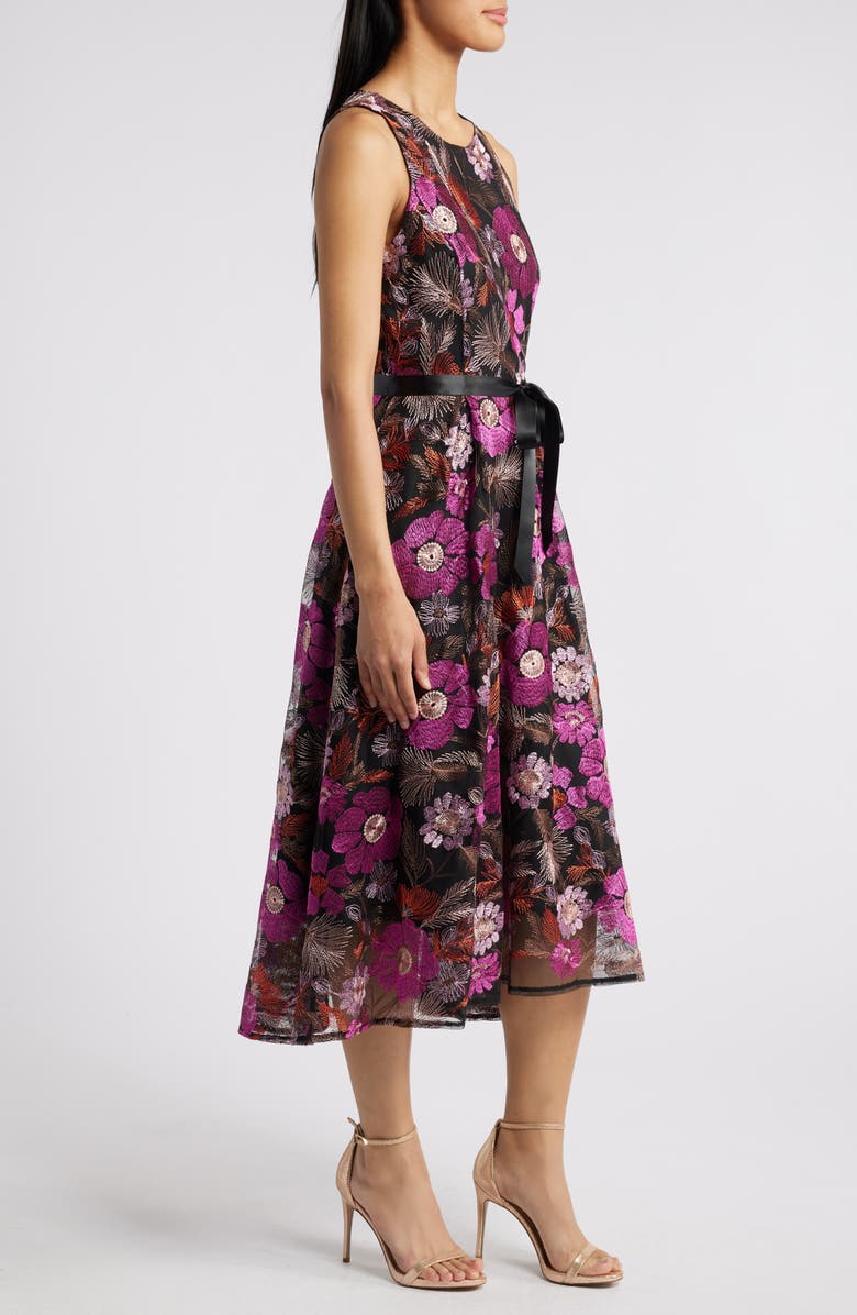 Tahari ASL Floral Embroidered Sleeveless Midi Dress, Alternate, color,