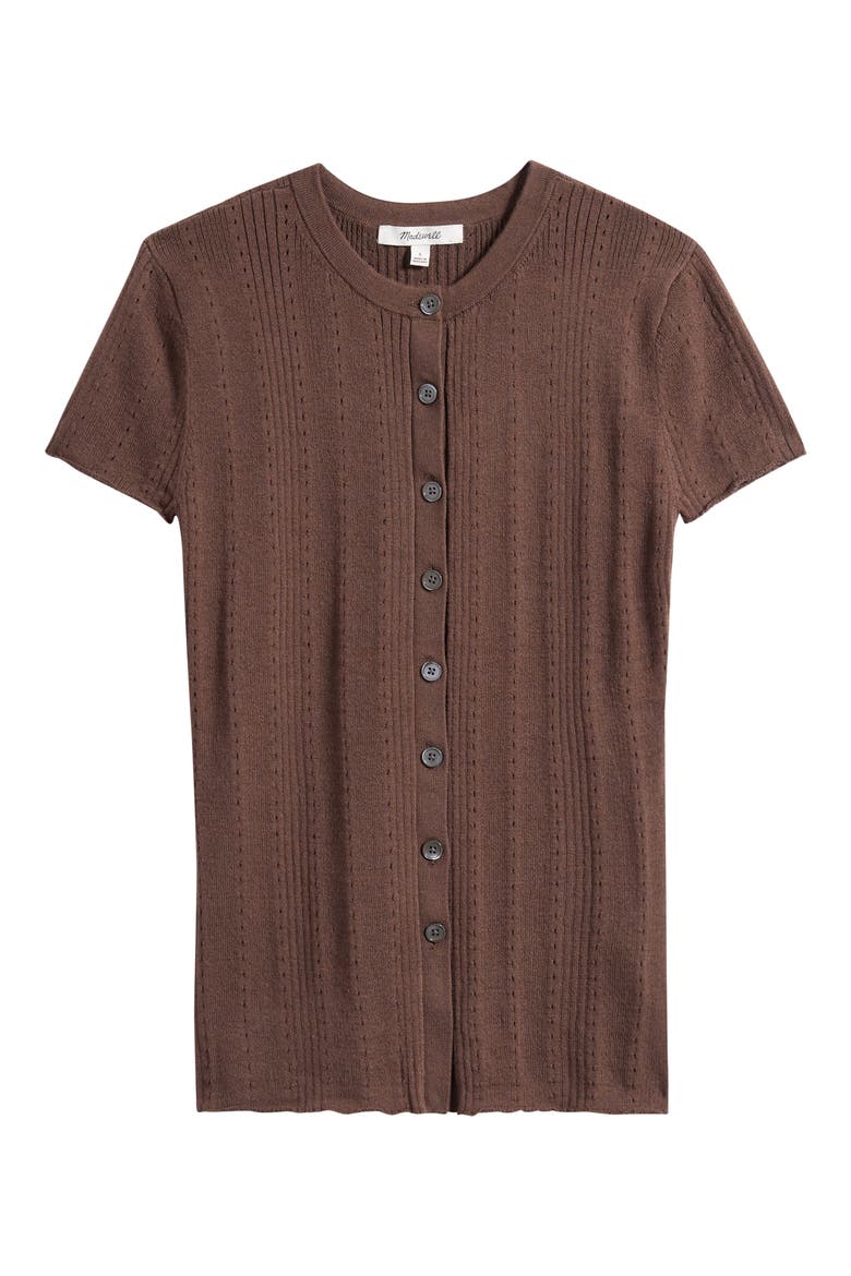 Short Sleeve Pointelle Cotton Blend Cardigan, Alternate, color, ROASTED CHICKORY