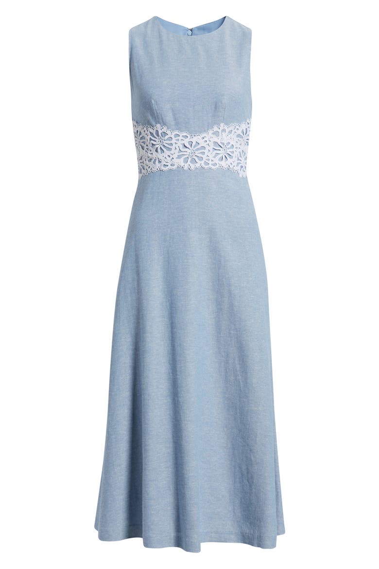 Lace Trim Linen Blend Midi Dress, Alternate, color, LAGOON/ CRISP WHITE