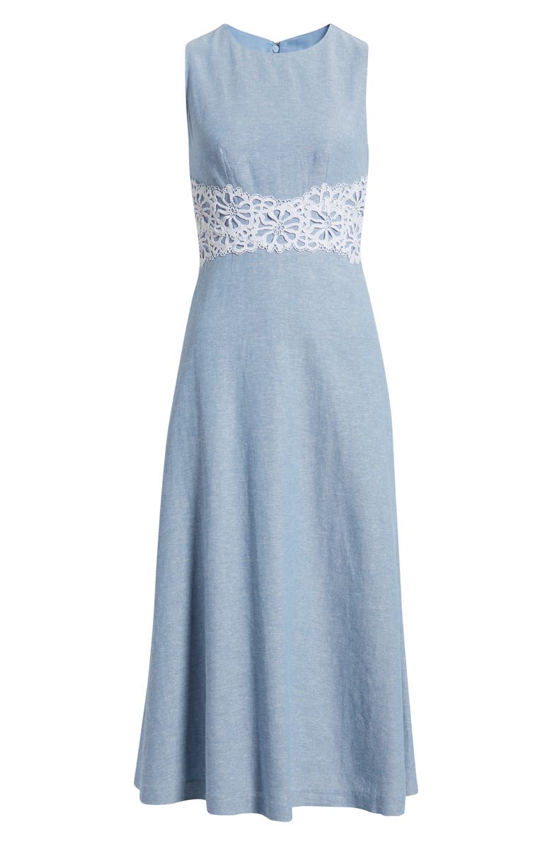 Anne Klein Lace Trim Linen Blend Midi Dress, Alternate, color, Lagoon/ Crisp White