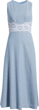 Anne Klein Lace Trim Linen Blend Midi Dress