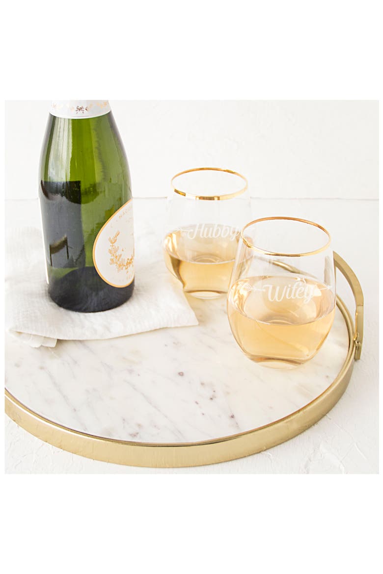Hubby/Wifey Set of 2 Gold Rimmed Stemless Wine Glasses, Alternate, color, GOLD