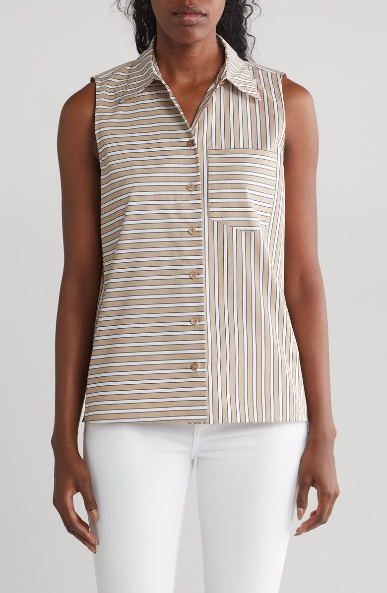 Lafayette 148 New York Stripe Sleeveless Cotton Button-Up Shirt, Main, color, 