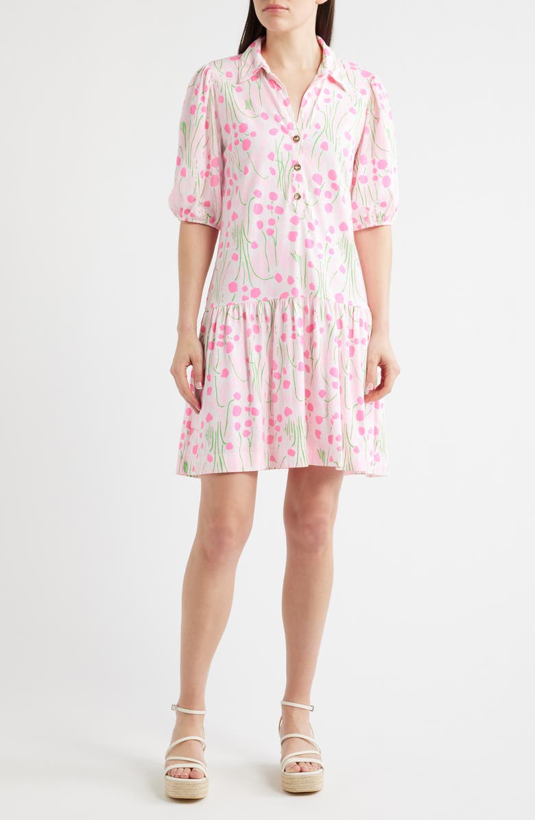 Lilly Pulitzer<sup>®</sup> Bingley Drop Waist Puff Shoulder Dress, Main, color, Conch Shell Pink Sunny Daisies