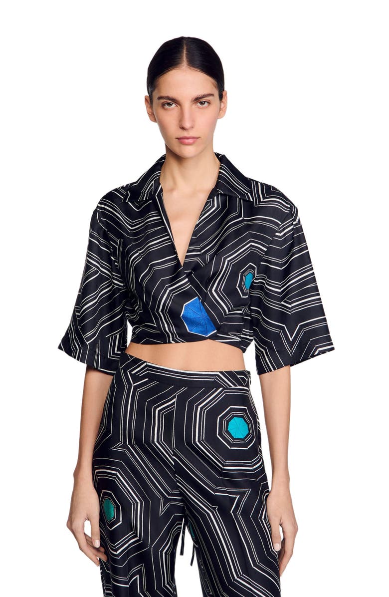 SANDRO Spiral-motif silk shirt, Alternate, color, Black