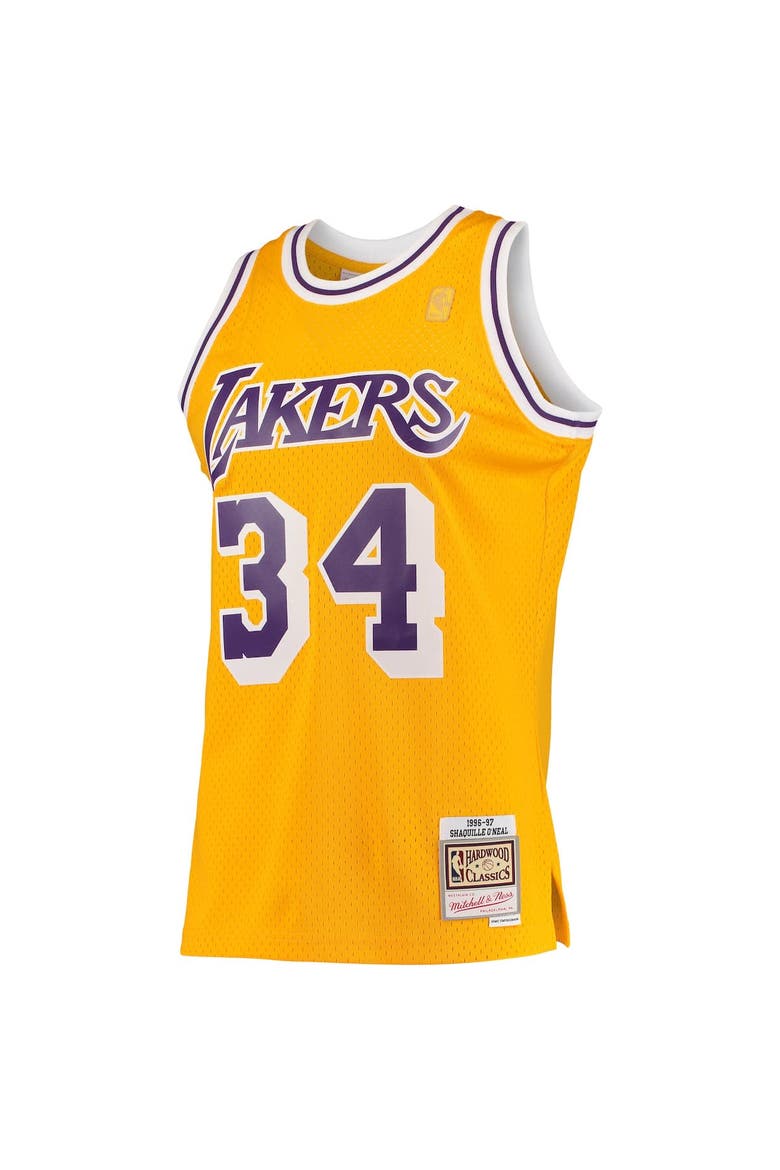 Men's Mitchell & Ness Shaquille O'Neal Gold Los Angeles Lakers 1996/97 Hardwood Classics Swingman Jersey, Alternate, color, Gold