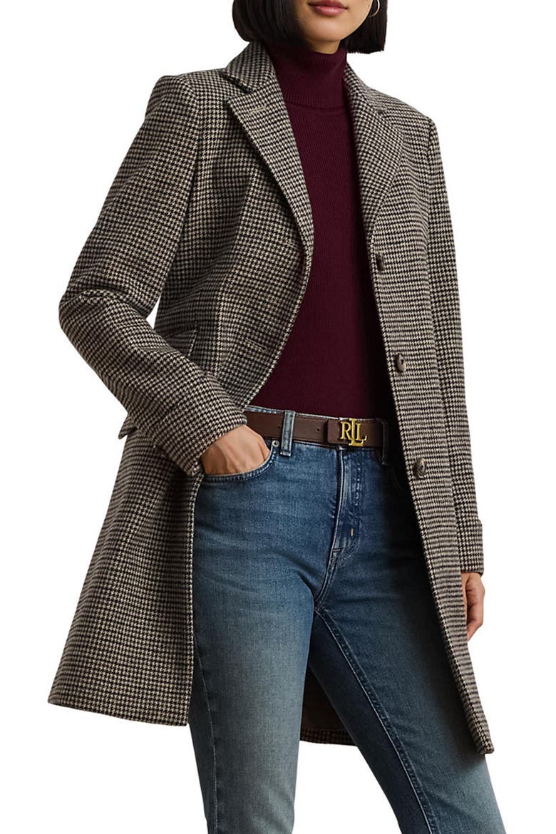 Wool Blend Reefer Coat, Alternate, color, MERLOT HOUNDSTOOTH