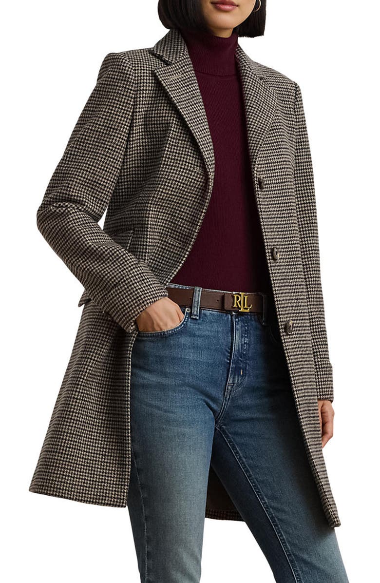 Lauren Ralph Lauren Wool Blend Reefer Coat, Alternate, color, Merlot Houndstooth