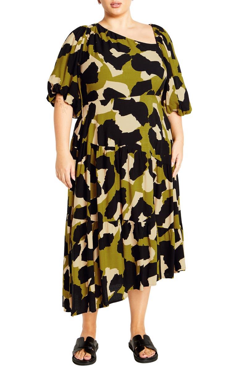 City Chic Jenie Asymmetric Neck Puff Sleeve Dress, Main, color, Print