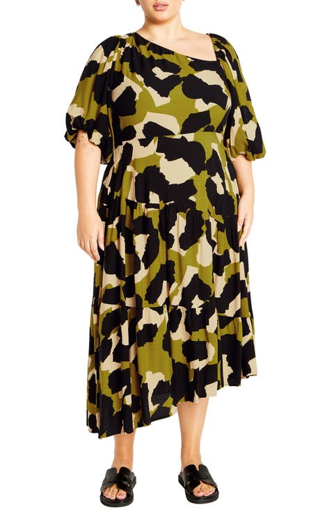 Jenie Asymmetric Neck Puff Sleeve Dress (Plus)