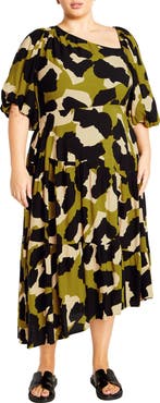 City Chic Jenie Asymmetric Neck Puff Sleeve Dress