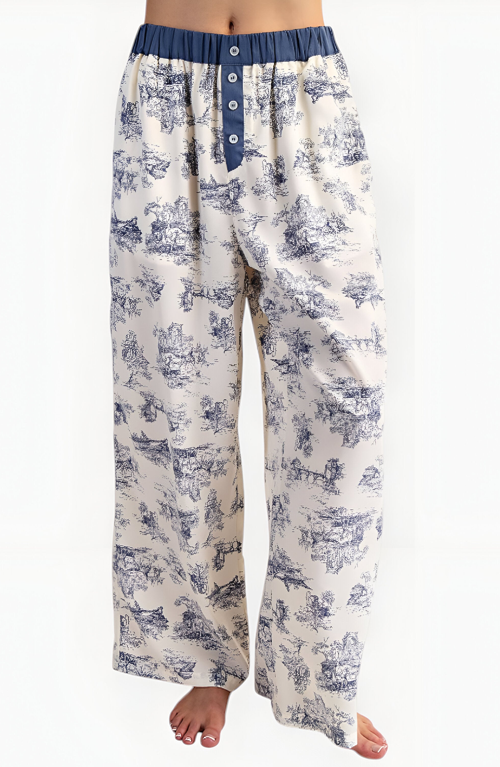 Modenaire Printed Button-up Pajama Set With Contrast Trim And Ribbon Tie In White