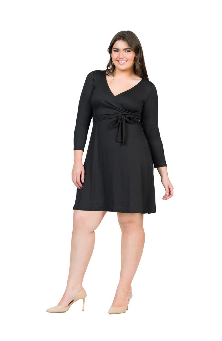 24seven Comfort Apparel Plus Size Chic V-Neck Long Sleeve Belted  Dress, Alternate, color, Black