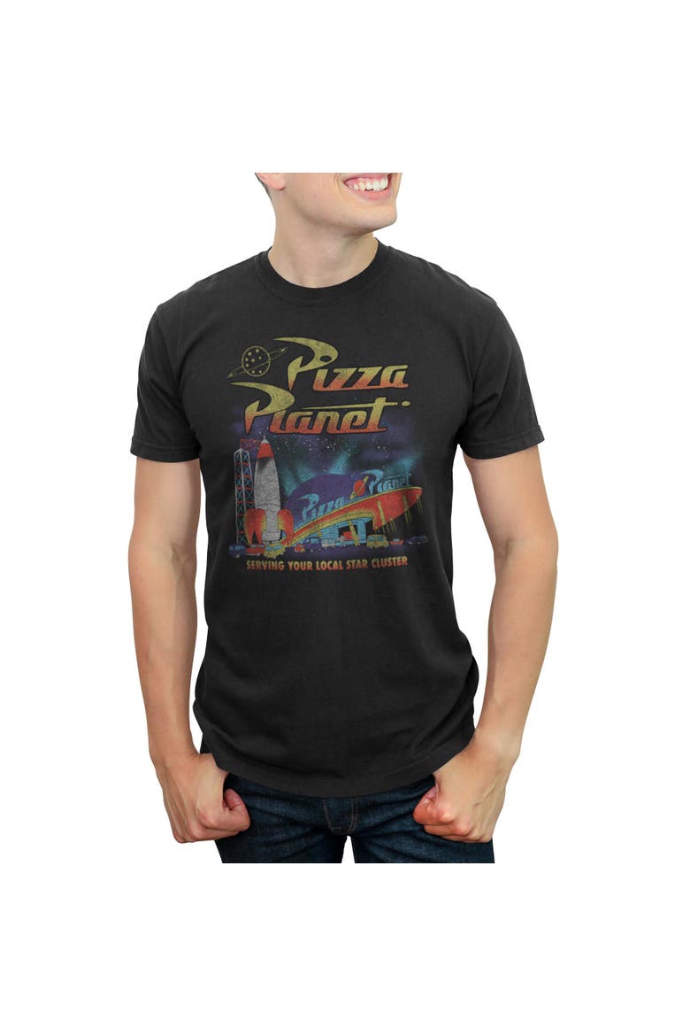 Mens Toy Story Distressed Pizza Planet Star Cluster T Shirt, Main, color, Black