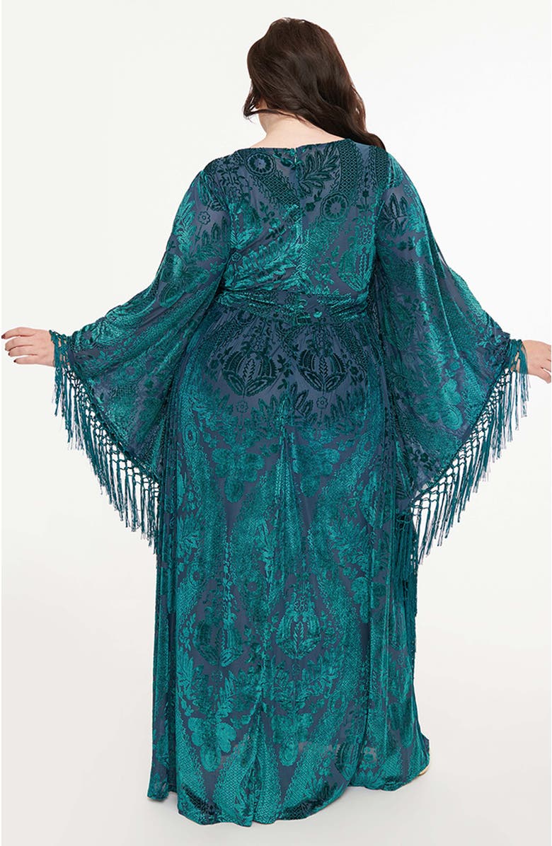 Unique Vintage Plus Size 1960s Fringe Flutter Sleeve Caftan, Alternate, color, Emerald Floral