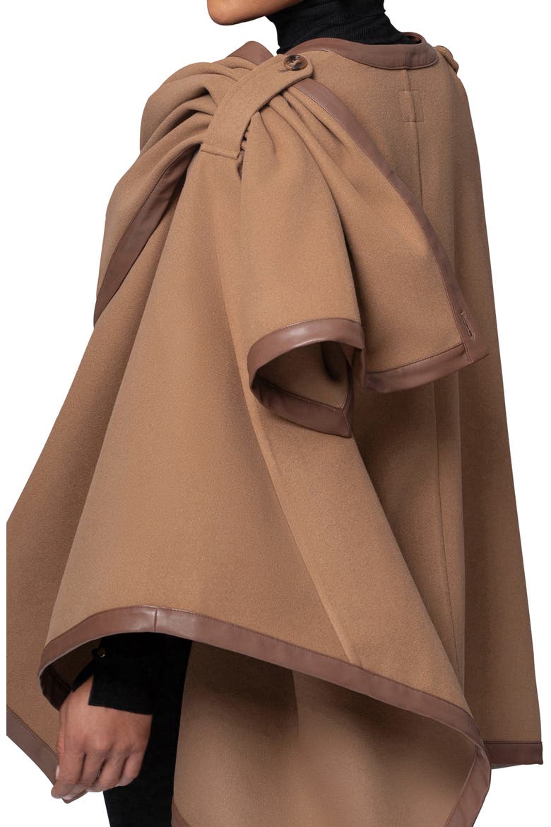 Felt Shawl with Faux Leather Trim, Alternate, color, BROWN
