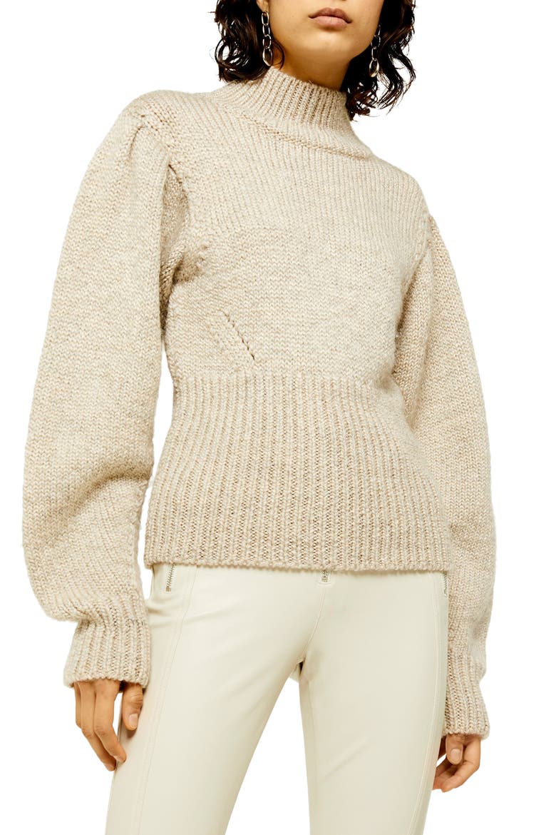 Banana Sleeve Funnel Neck Sweater, Main, color, BEIGE