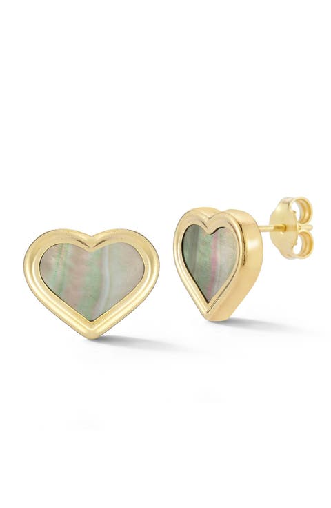 14K Gold Mother of Pearl Heart Stud Earrings