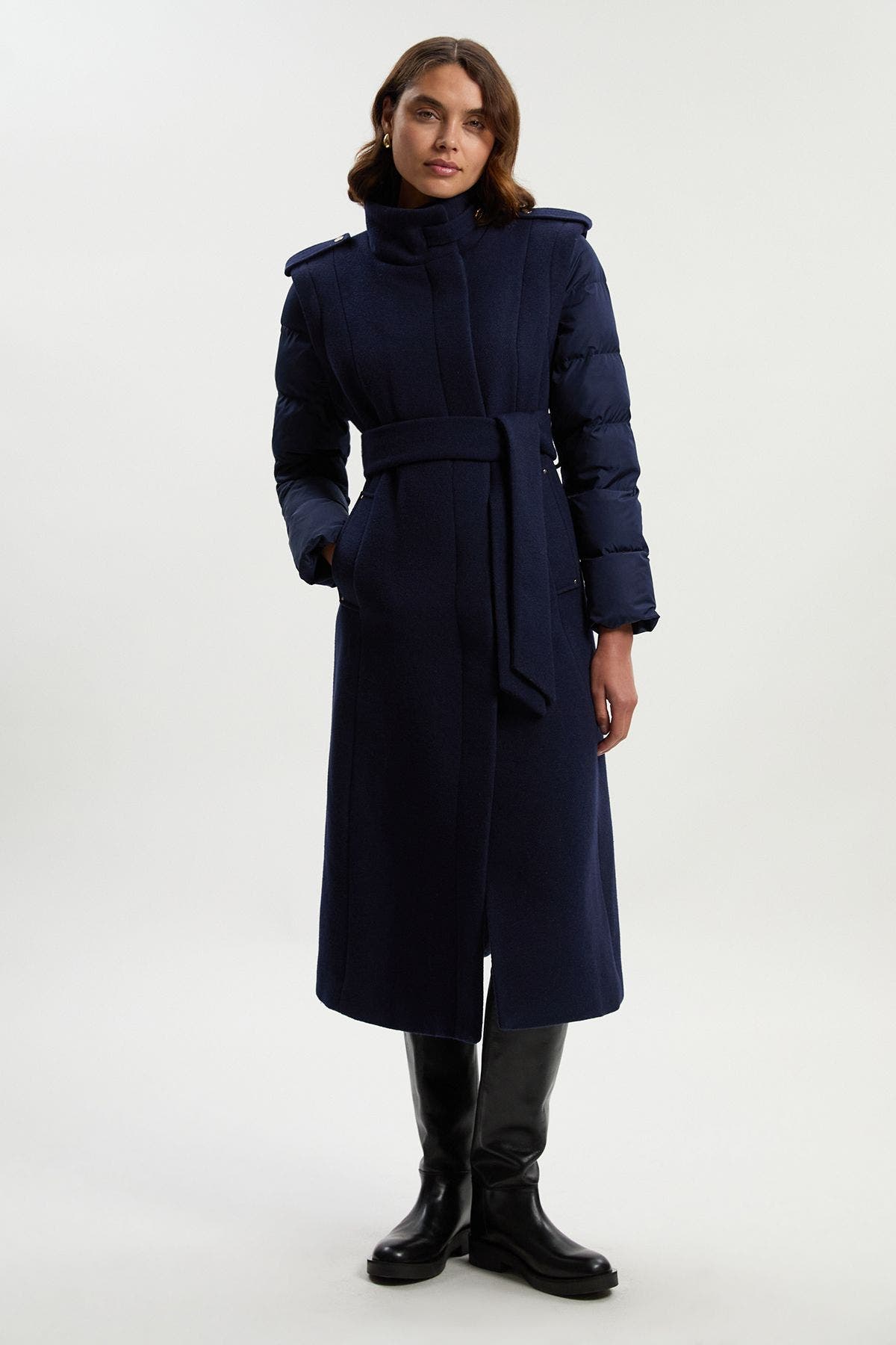 Wool High Neck Puffer Belted Midi Coat