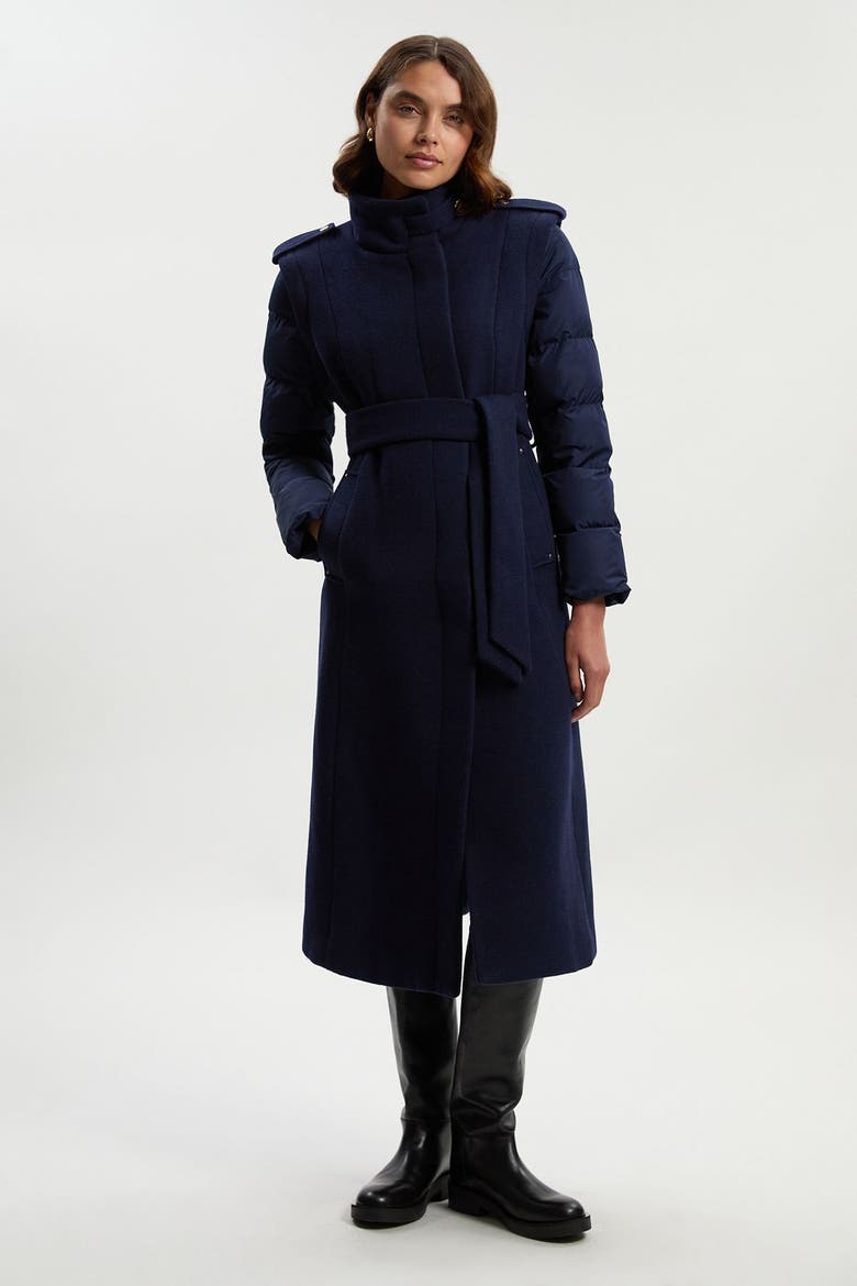 Wool High Neck Puffer Belted Midi Coat, Main, color, Navy