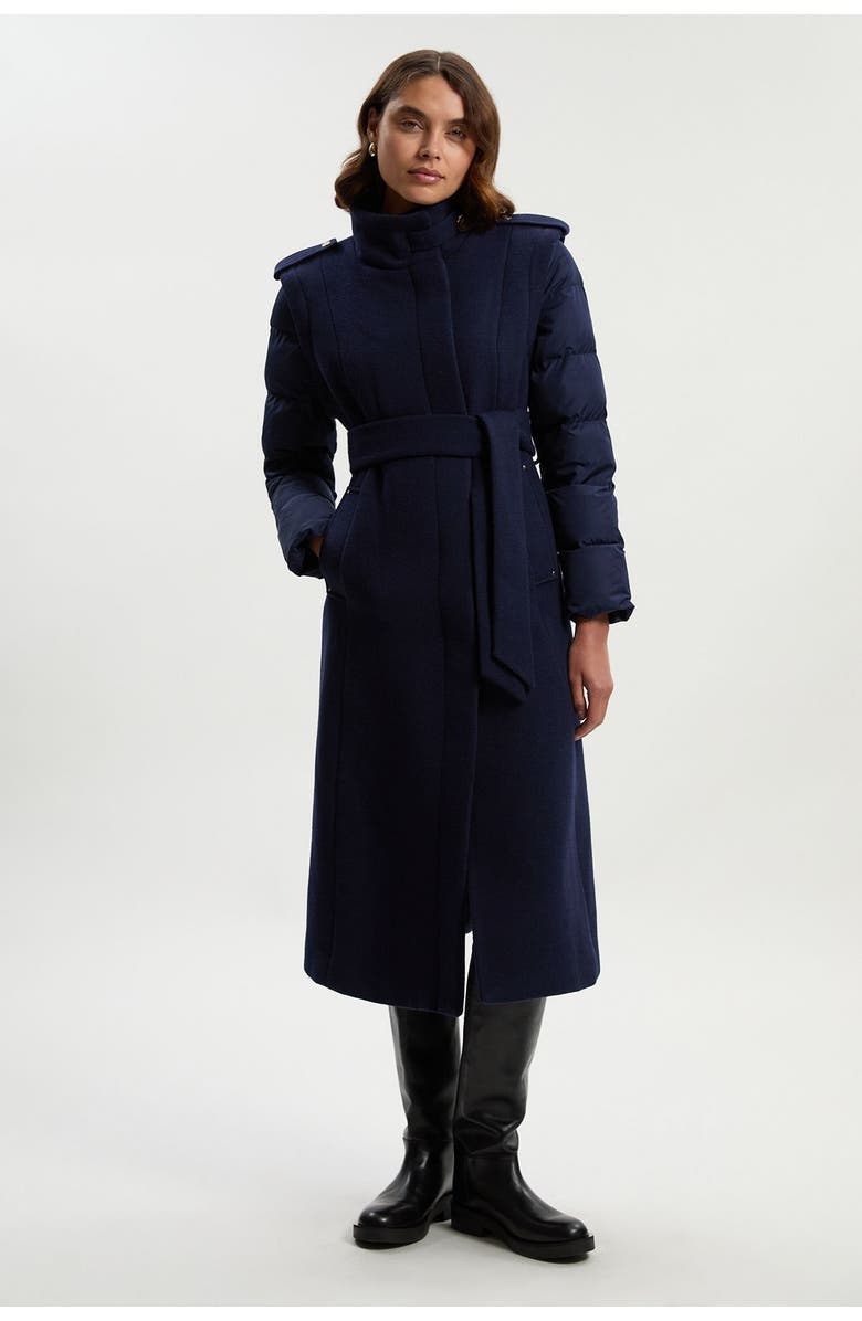 Karen Millen Wool High Neck Puffer Belted Midi Coat, Main, color, Navy