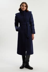Karen Millen Wool High Neck Puffer Belted Midi Coat