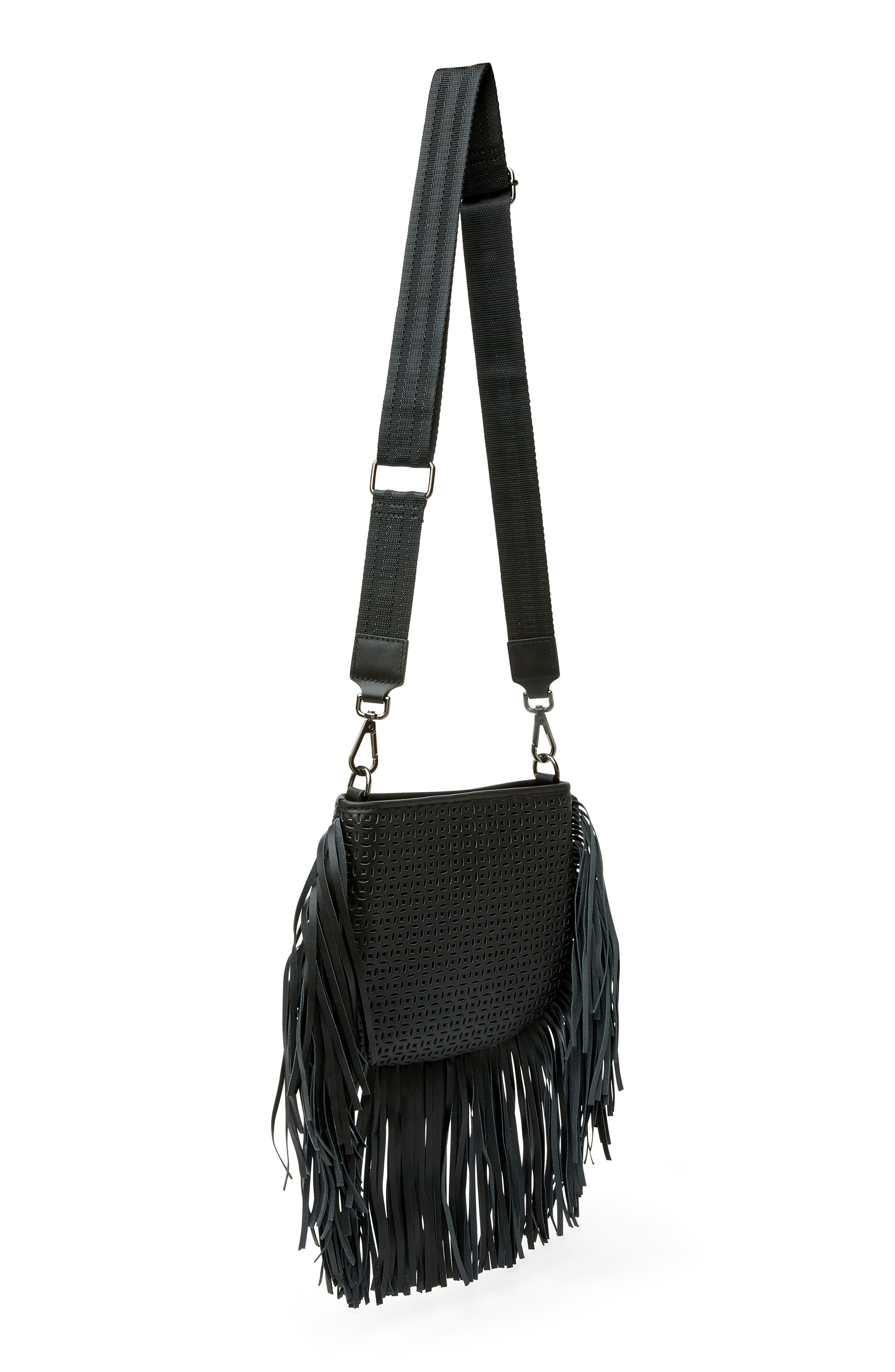 THINK ROYLN Free Spirit Fringe Saddle Bag, Alternate, color, Black Perforated Leather