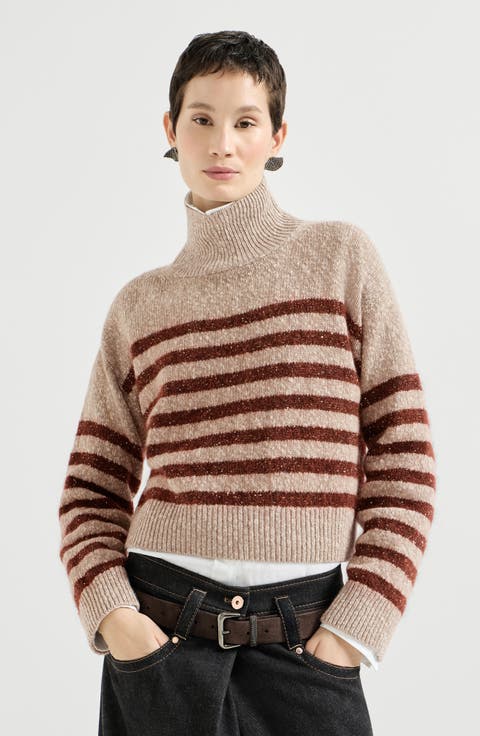 Soft Virgin Wool And Cashmere Turtleneck Sweater With Dazzling Stripes