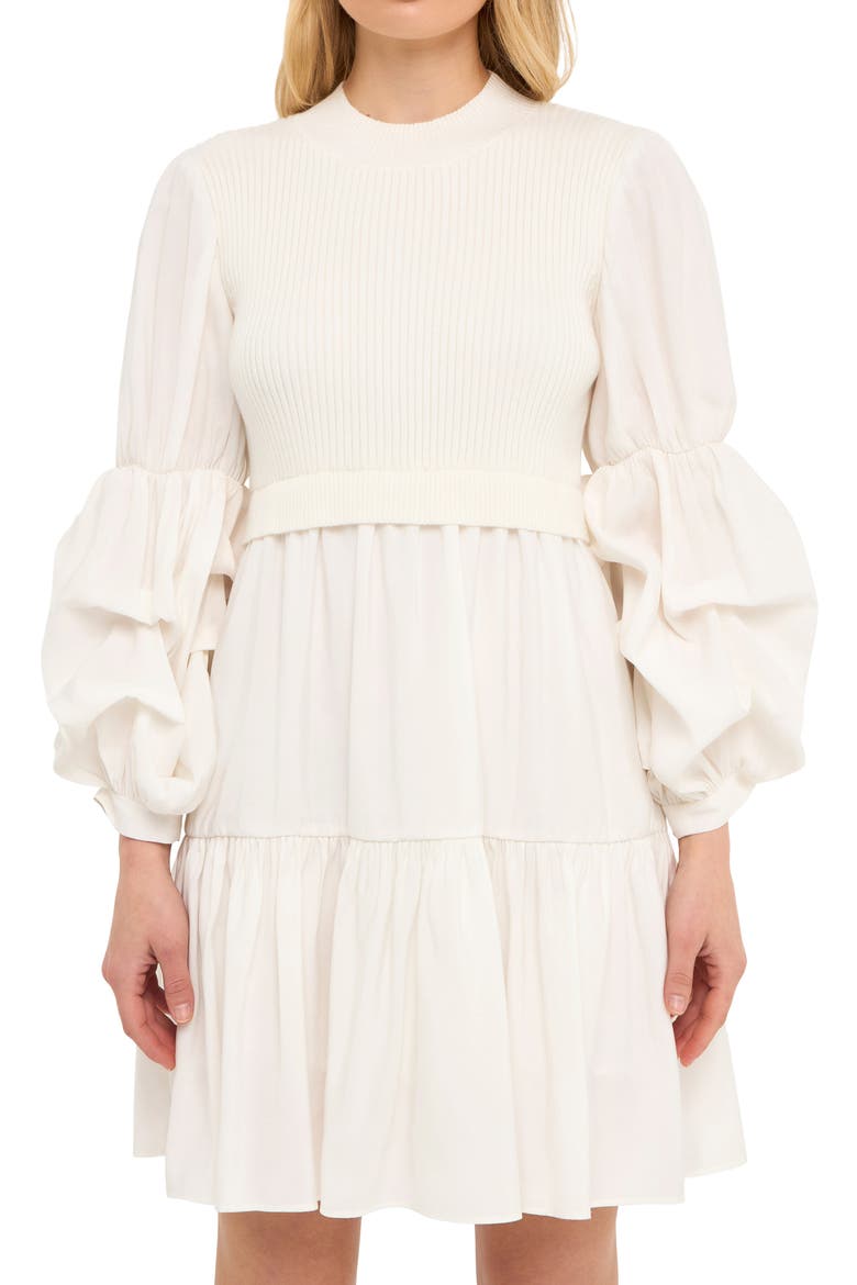 Mixed Media Long Sleeve Tiered Dress, Alternate, color, IVORYWHITE