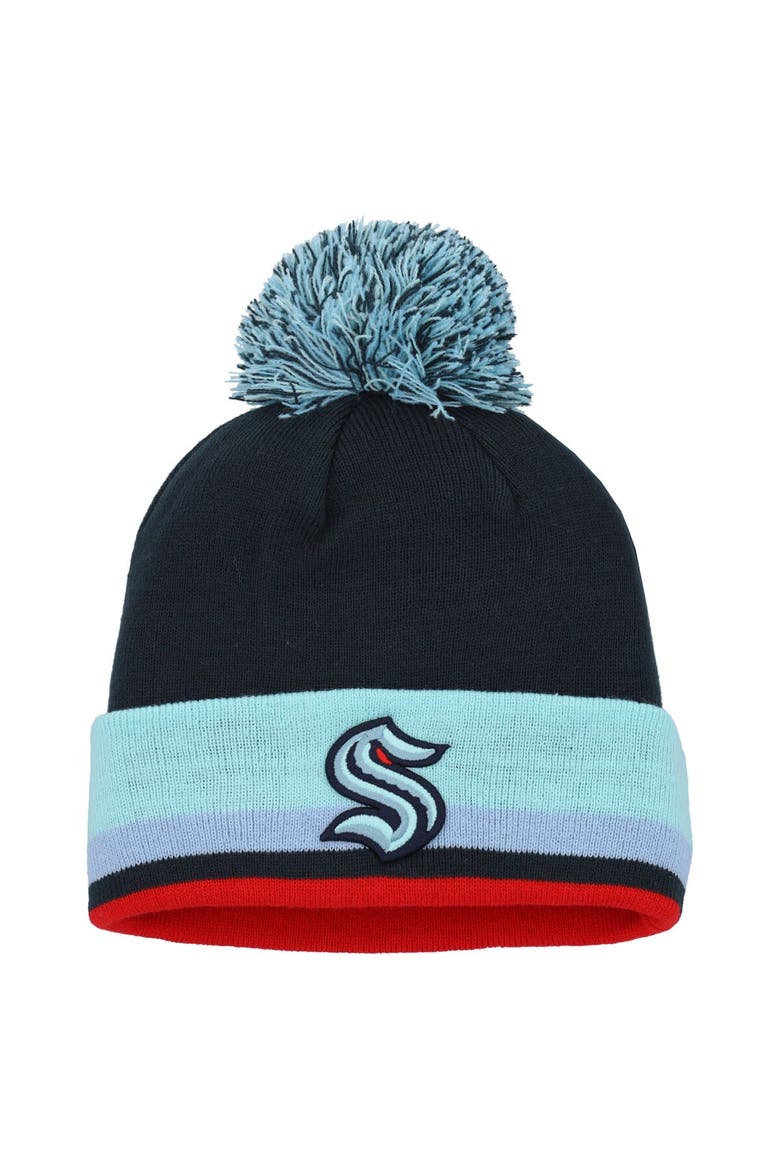 Men's adidas Deep Sea Blue Seattle Kraken Team Stripe Cuffed Knit Hat with Pom, Main, color, Navy