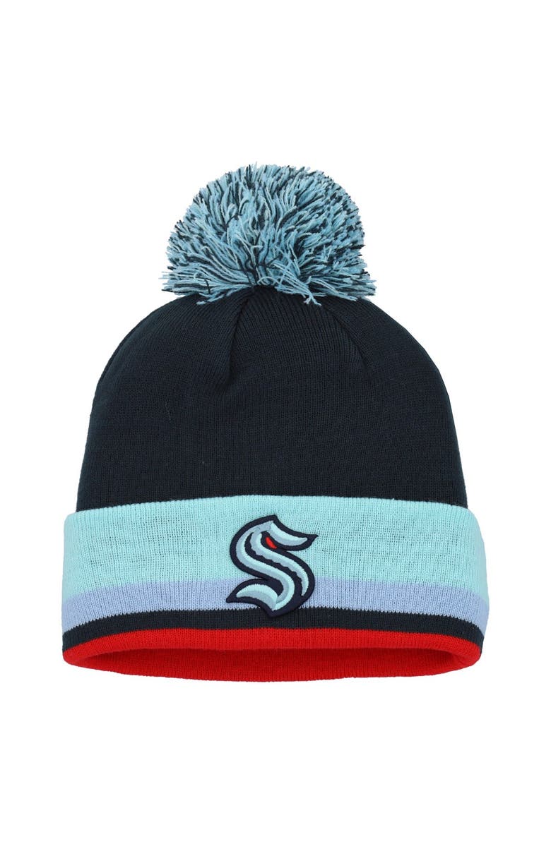 adidas Men's adidas Deep Sea Blue Seattle Kraken Team Stripe Cuffed Knit Hat with Pom, Main, color,