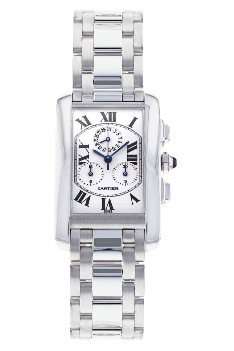 Cartier Preowned Tank Americaine Chronograph Bracelet Watch, 19mm, Main, color, WHITE/SILVER