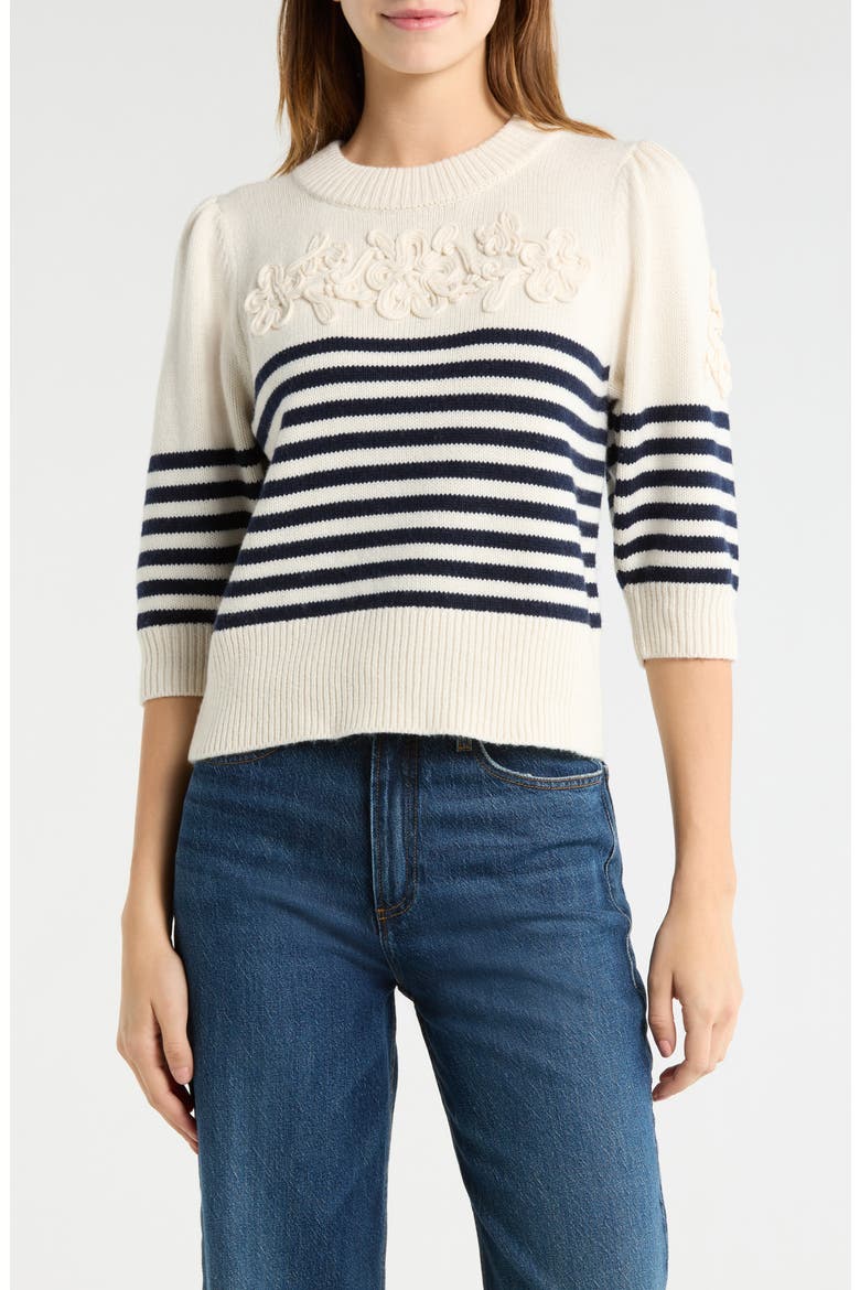 Martha Placed Stripe Floral Appliqué Sweater, Main, color, IVORY NAVY FLORAL STRIPE