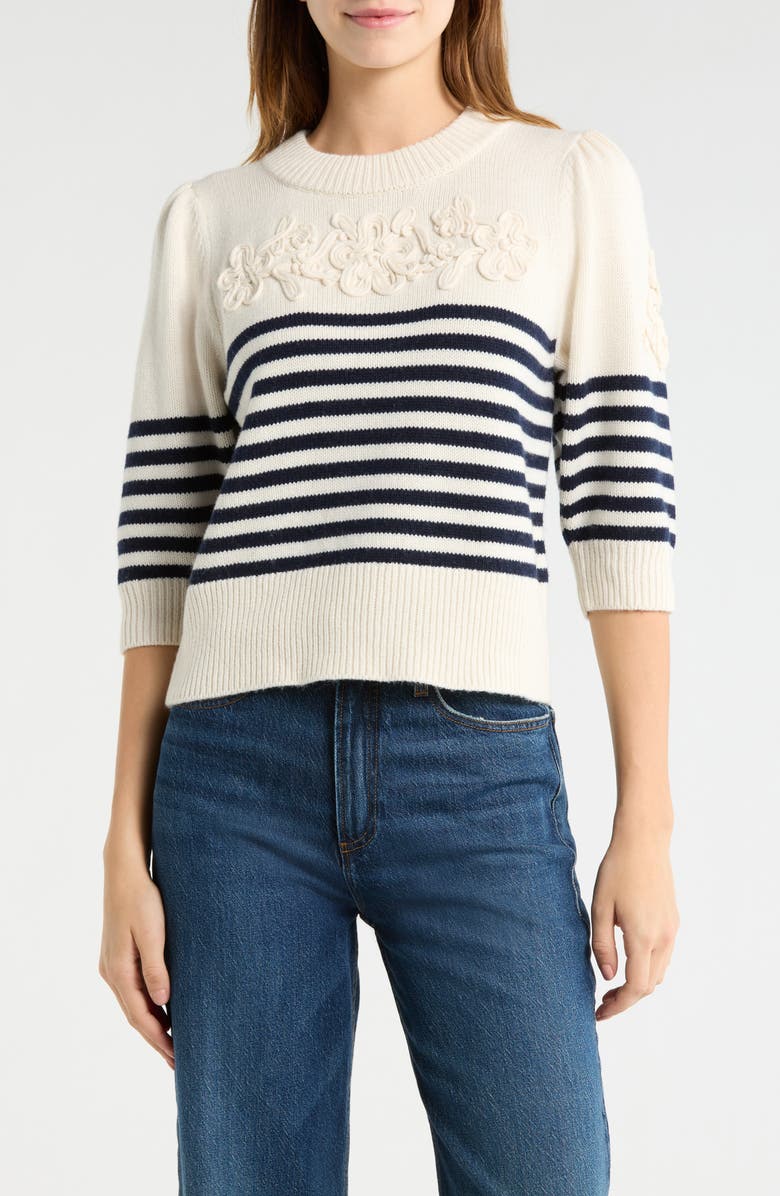 Rails Martha Placed Stripe Floral Appliqué Sweater, Main, color, Ivory Navy Floral Stripe