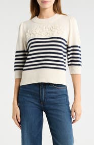 Rails Martha Placed Stripe Floral Appliqué Sweater