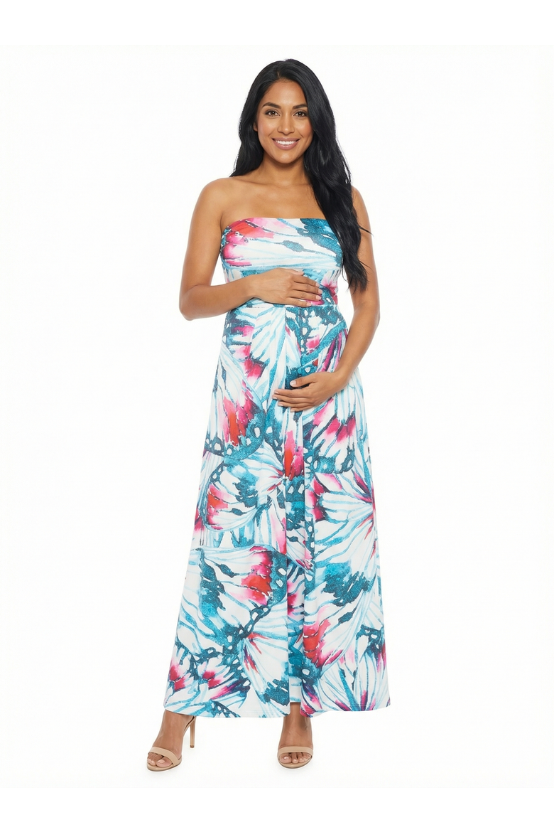 Maternity Butterfly A-Line Strapless Pocket Maxi Dress, Main, color, Blue Multi