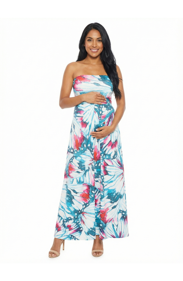 24seven Comfort Apparel Maternity Butterfly A-Line Strapless Pocket Maxi Dress, Main, color, Blue Multi