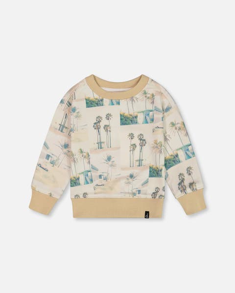 Little Boy's Printed Pullover Sweatshirt Beige Palm Tree And Teal