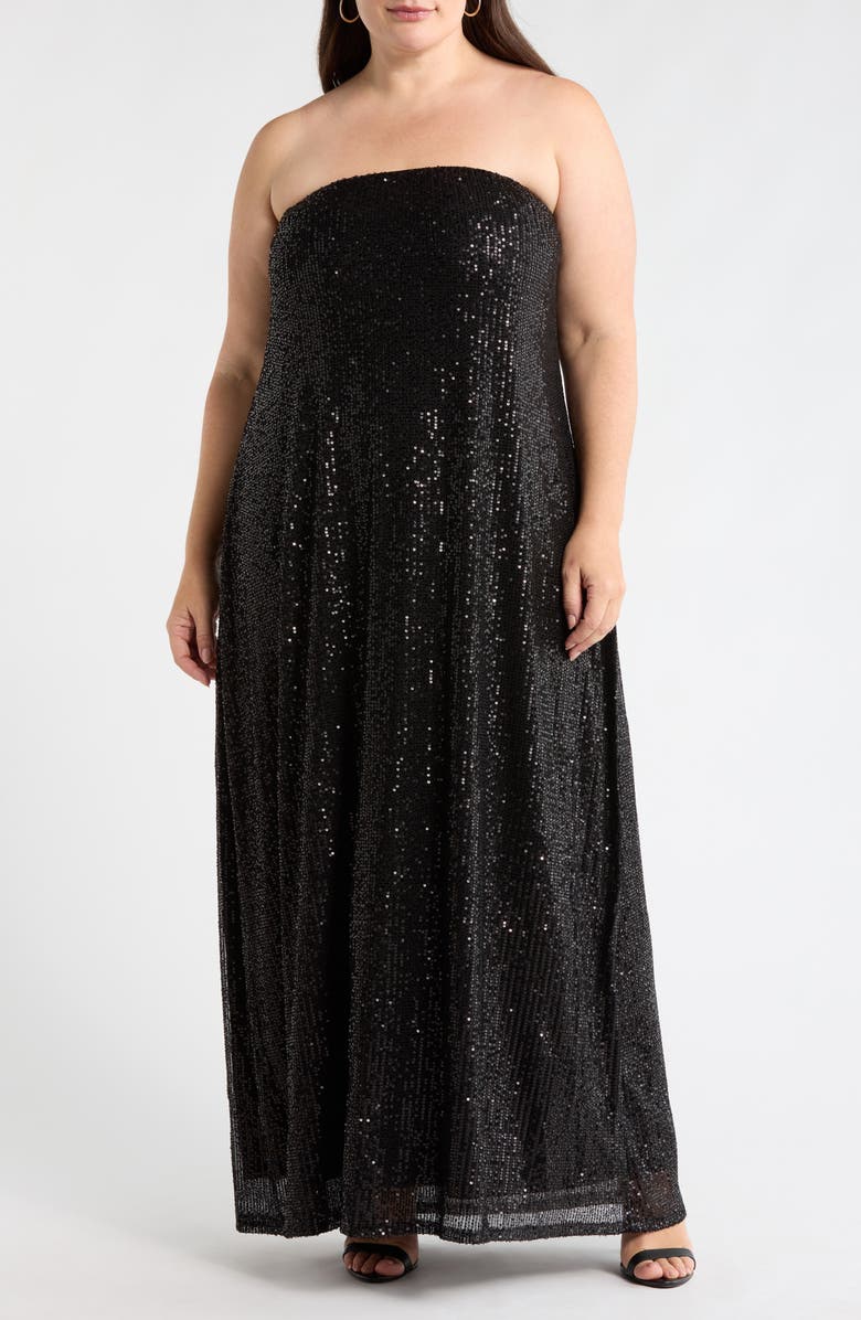 SUGARLIPS Friday Nights Sequin Strapless Maxi Dress, Main, color, Black-Silver