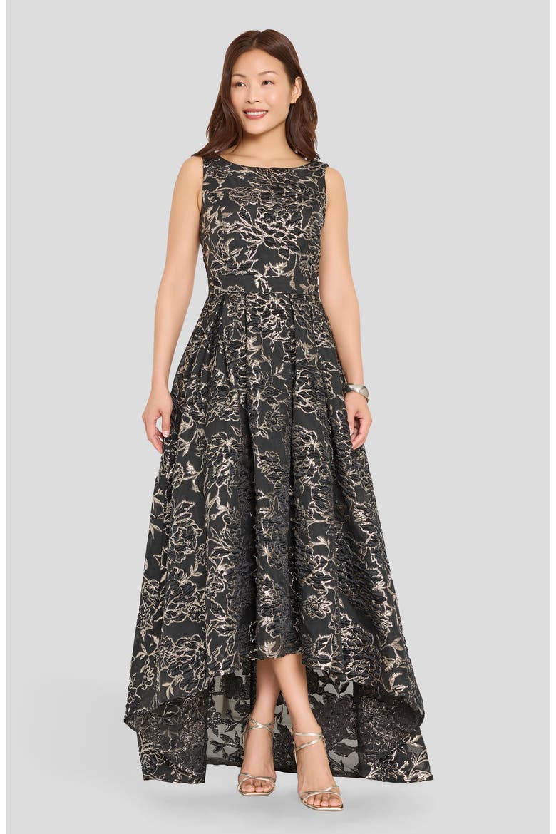 Metallic Floral Jacquard High Low Gown, Alternate, color, BLACK SILVER