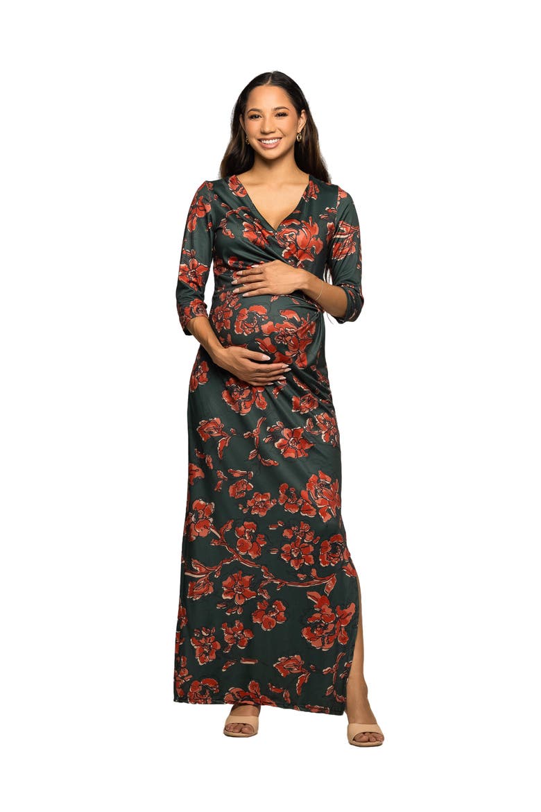 Floral Print Three Quarter Sleeve Side Slit Maxi Dress, Main, color, Green Multi