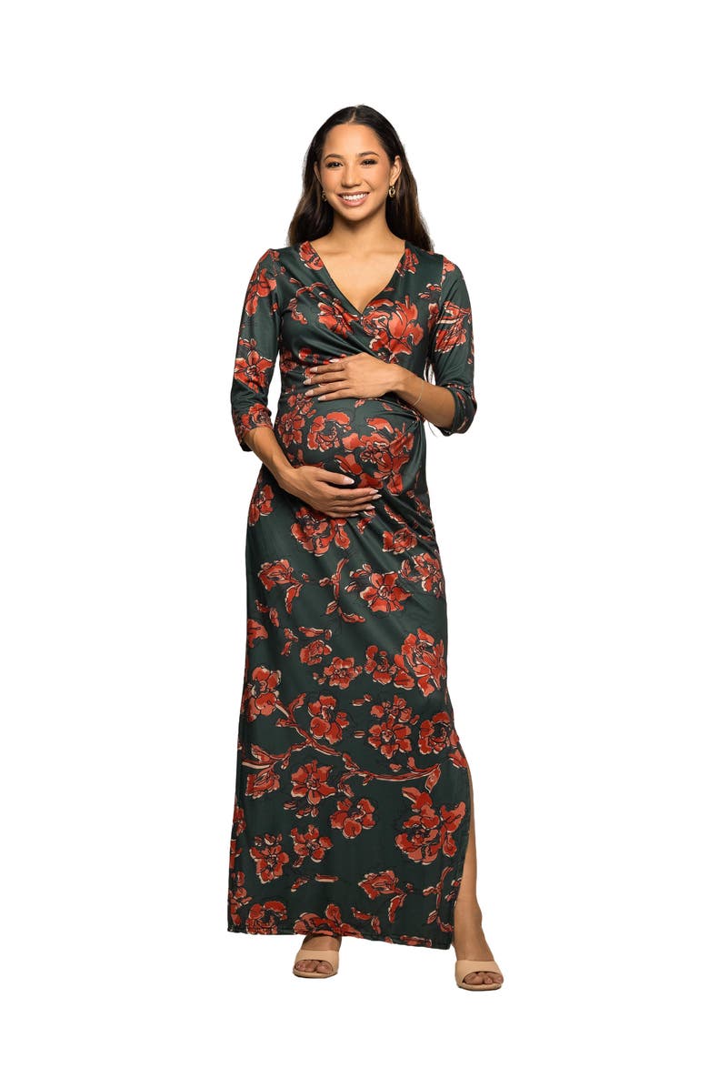 24seven Comfort Apparel Floral Print Three Quarter Sleeve Side Slit Maxi Dress, Main, color, Green Multi